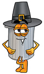 Clip Art Graphic of a Metal Trash Can Cartoon Character Wearing a Pilgrim Hat on Thanksgiving
