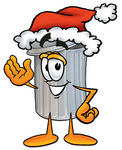 Clip Art Graphic of a Metal Trash Can Cartoon Character Wearing a Santa Hat and Waving