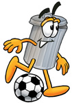 Clip Art Graphic of a Metal Trash Can Cartoon Character Kicking a Soccer Ball