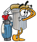Clip Art Graphic of a Metal Trash Can Cartoon Character Swinging His Golf Club While Golfing