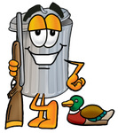 Clip Art Graphic of a Metal Trash Can Cartoon Character Duck Hunting, Standing With a Rifle and Duck