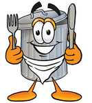 Clip Art Graphic of a Metal Trash Can Cartoon Character Holding a Knife and Fork