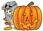 Clip Art Graphic of a Metal Trash Can Cartoon Character With a Carved Halloween Pumpkin