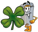 Clip Art Graphic of a Metal Trash Can Cartoon Character With a Green Four Leaf Clover on St Paddy’s or St Patricks Day