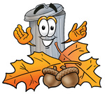 Clip Art Graphic of a Metal Trash Can Cartoon Character With Autumn Leaves and Acorns in the Fall