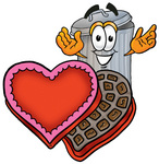 Clip Art Graphic of a Metal Trash Can Cartoon Character With an Open Box of Valentines Day Chocolate Candies