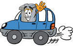 Clip Art Graphic of a Metal Trash Can Cartoon Character Driving a Blue Car and Waving