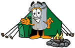 Clip Art Graphic of a Metal Trash Can Cartoon Character Camping With a Tent and Fire