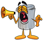 Clip Art Graphic of a Metal Trash Can Cartoon Character Screaming Into a Megaphone