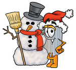 Clip Art Graphic of a Metal Trash Can Cartoon Character With a Snowman on Christmas