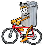 Clip Art Graphic of a Metal Trash Can Cartoon Character Riding a Bicycle
