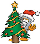 Clip Art Graphic of a Metal Trash Can Cartoon Character Waving and Standing by a Decorated Christmas Tree
