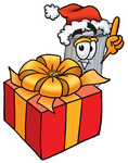 Clip Art Graphic of a Metal Trash Can Cartoon Character Standing by a Christmas Present