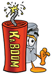 Clip Art Graphic of a Metal Trash Can Cartoon Character Standing With a Lit Stick of Dynamite