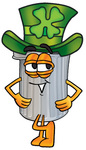 Clip Art Graphic of a Metal Trash Can Cartoon Character Wearing a Saint Patricks Day Hat With a Clover on it