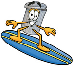 Clip Art Graphic of a Metal Trash Can Cartoon Character Surfing on a Blue and Yellow Surfboard