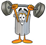Clip Art Graphic of a Metal Trash Can Cartoon Character Holding a Heavy Barbell Above His Head