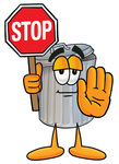 Clip Art Graphic of a Metal Trash Can Cartoon Character Holding a Stop Sign