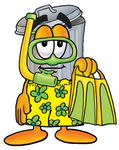 Clip Art Graphic of a Metal Trash Can Cartoon Character in Green and Yellow Snorkel Gear