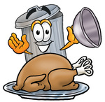 Clip Art Graphic of a Metal Trash Can Cartoon Character Serving a Thanksgiving Turkey on a Platter