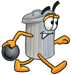 Clip Art Graphic of a Metal Trash Can Cartoon Character Holding a Bowling Ball