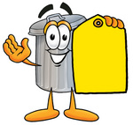 Clip Art Graphic of a Metal Trash Can Cartoon Character Holding a Yellow Sales Price Tag
