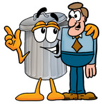 Clip Art Graphic of a Metal Trash Can Cartoon Character Talking to a Business Man