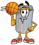 Clip Art Graphic of a Metal Trash Can Cartoon Character Spinning a Basketball on His Finger
