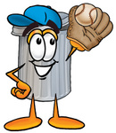 Clip Art Graphic of a Metal Trash Can Cartoon Character Catching a Baseball With a Glove