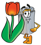 Clip Art Graphic of a Metal Trash Can Cartoon Character With a Red Tulip Flower in the Spring