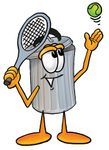 Clip Art Graphic of a Metal Trash Can Cartoon Character Preparing to Hit a Tennis Ball