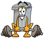 Clip Art Graphic of a Metal Trash Can Cartoon Character Lifting a Heavy Barbell