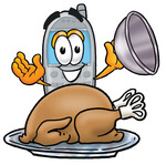 Clip Art Graphic of a Gray Cell Phone Cartoon Character Serving a Thanksgiving Turkey on a Platter