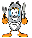 Clip Art Graphic of a Gray Cell Phone Cartoon Character Holding a Knife and Fork