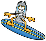 Clip Art Graphic of a Gray Cell Phone Cartoon Character Surfing on a Blue and Yellow Surfboard