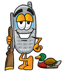 Clip Art Graphic of a Gray Cell Phone Cartoon Character Duck Hunting, Standing With a Rifle and Duck