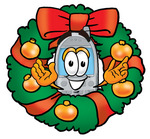 Clip Art Graphic of a Gray Cell Phone Cartoon Character in the Center of a Christmas Wreath