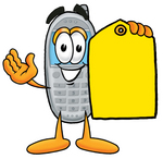 Clip Art Graphic of a Gray Cell Phone Cartoon Character Holding a Yellow Sales Price Tag