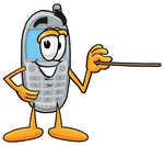 Clip Art Graphic of a Gray Cell Phone Cartoon Character Holding a Pointer Stick