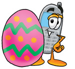 Clip Art Graphic of a Gray Cell Phone Cartoon Character Standing Beside an Easter Egg