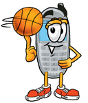 Clip Art Graphic of a Gray Cell Phone Cartoon Character Spinning a Basketball on His Finger