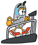 Clip Art Graphic of a Gray Cell Phone Cartoon Character Walking on a Treadmill in a Fitness Gym
