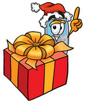 Clip Art Graphic of a Gray Cell Phone Cartoon Character Standing by a Christmas Present