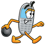 Clip Art Graphic of a Gray Cell Phone Cartoon Character Holding a Bowling Ball