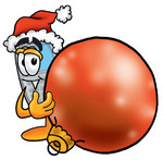 Clip Art Graphic of a Gray Cell Phone Cartoon Character Wearing a Santa Hat, Standing With a Christmas Bauble