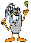 Clip Art Graphic of a Gray Cell Phone Cartoon Character Preparing to Hit a Tennis Ball