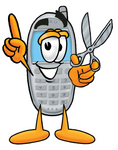 Clip Art Graphic of a Gray Cell Phone Cartoon Character Holding a Pair of Scissors
