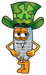 Clip Art Graphic of a Gray Cell Phone Cartoon Character Wearing a Saint Patricks Day Hat With a Clover on it