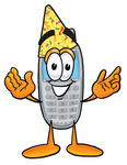 Clip Art Graphic of a Gray Cell Phone Cartoon Character Wearing a Birthday Party Hat