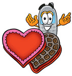 Clip Art Graphic of a Gray Cell Phone Cartoon Character With an Open Box of Valentines Day Chocolate Candies